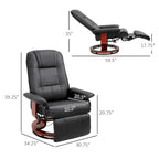 Fauteuil inclinable pivotant manuel en similicuir avec repose-pieds, accoudoirs et base en bois enveloppée