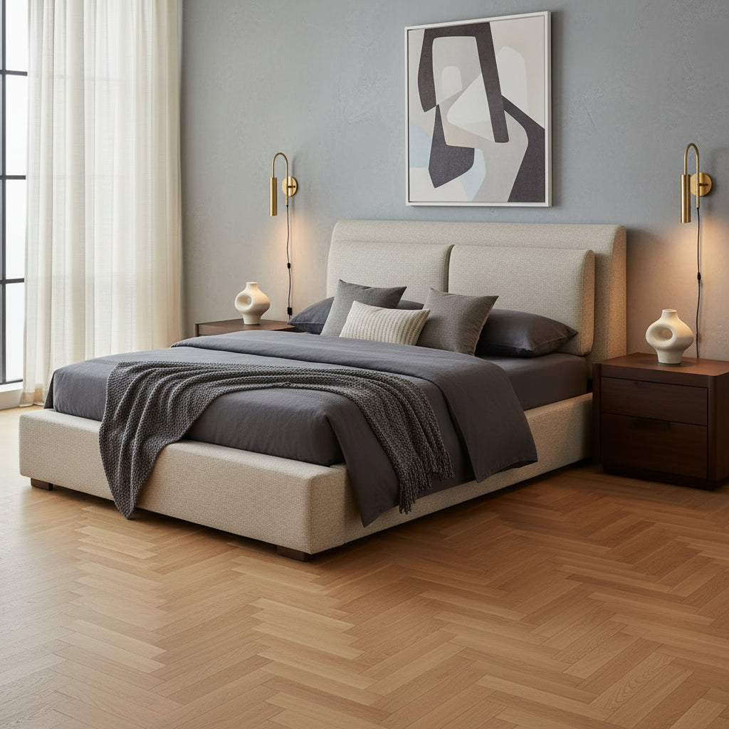 Lit plateforme rembourré marron clair | Tête de lit en dos d'âne | Meubles de chambre Queen King