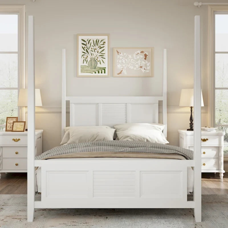 Lit à baldaquin king size Roomfitters, cadre en bois massif, conception à grille horizontale, blanc