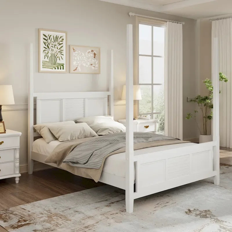Lit à baldaquin king size Roomfitters, cadre en bois massif, conception à grille horizontale, blanc