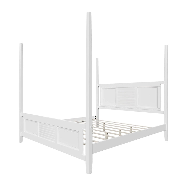 Lit à baldaquin king size Roomfitters, cadre en bois massif, conception à grille horizontale, blanc