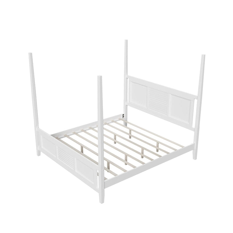 Lit à baldaquin king size Roomfitters, cadre en bois massif, conception à grille horizontale, blanc