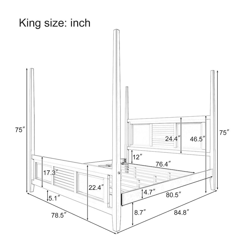 Lit à baldaquin king size Roomfitters, cadre en bois massif, conception à grille horizontale, blanc