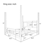 Lit à baldaquin king size Roomfitters, cadre en bois massif, conception à grille horizontale, blanc