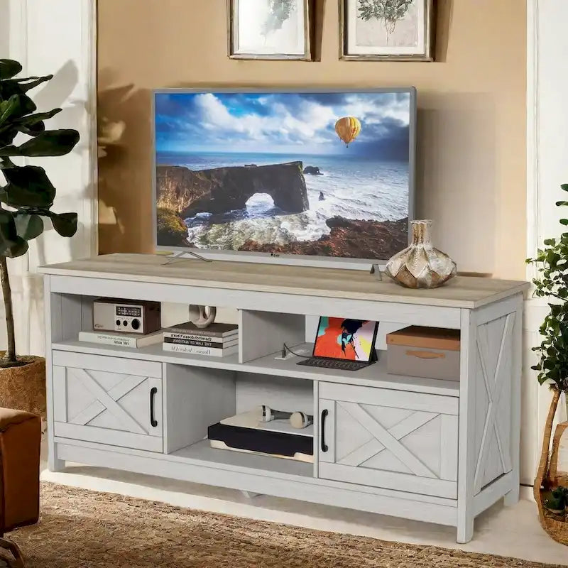 Meuble TV de ferme de 59 po | Console multimédia avec armoires de rangement et étagères ouvertes | Grain de nuage