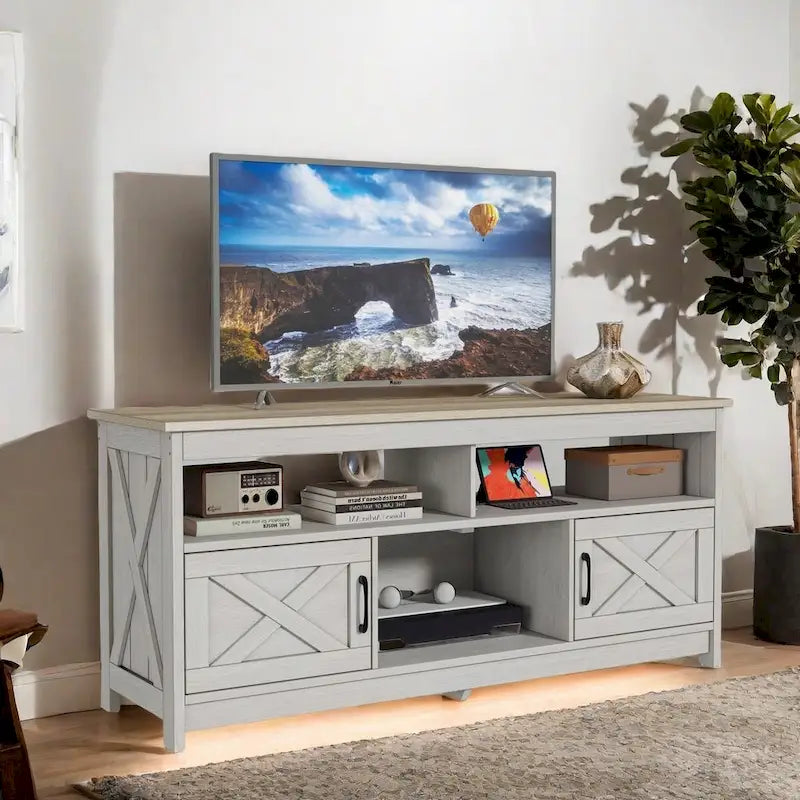 Meuble TV de ferme de 59 po | Console multimédia avec armoires de rangement et étagères ouvertes | Grain de nuage
