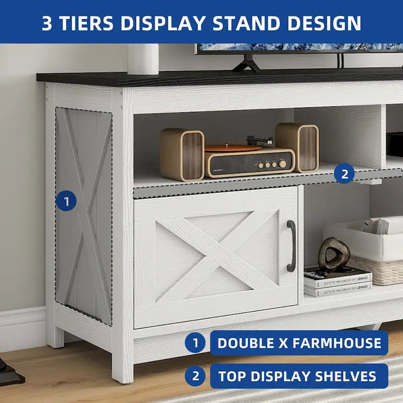 Meuble TV de ferme de 59 po | Console multimédia avec armoires de rangement et étagères ouvertes | Grain de nuage