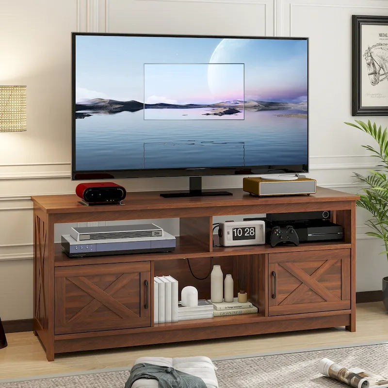 Meuble TV de ferme de 59 po | Console multimédia avec armoires de rangement et étagères ouvertes | Grain de nuage