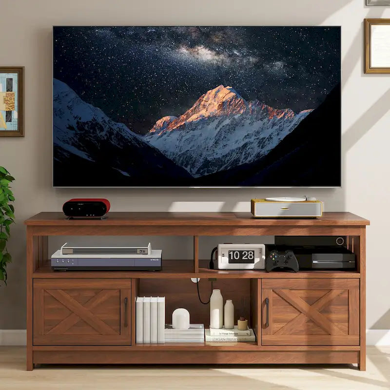 Meuble TV de ferme de 59 po | Console multimédia avec armoires de rangement et étagères ouvertes | Grain de nuage