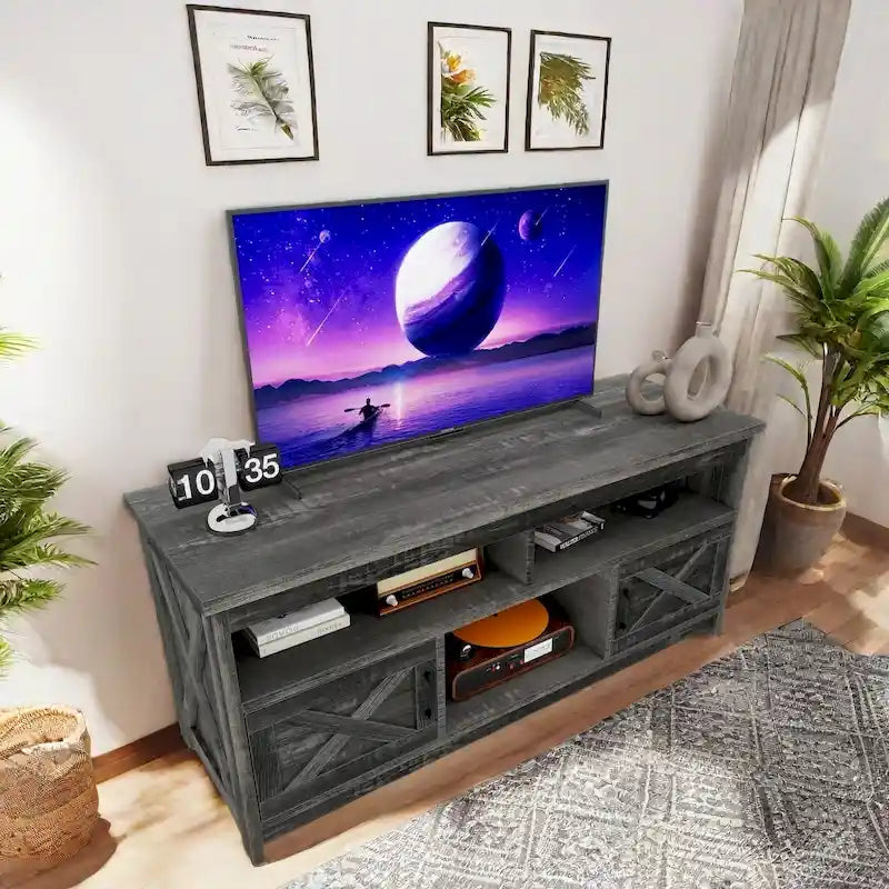Meuble TV de ferme de 59 po | Console multimédia avec armoires de rangement et étagères ouvertes | Grain de nuage