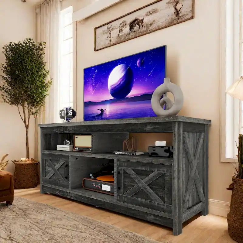 Meuble TV de ferme de 59 po | Console multimédia avec armoires de rangement et étagères ouvertes | Grain de nuage
