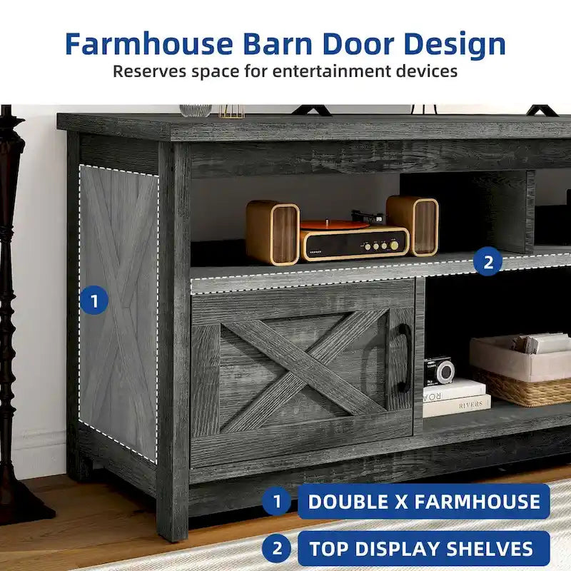 Meuble TV de ferme de 59 po | Console multimédia avec armoires de rangement et étagères ouvertes | Grain de nuage