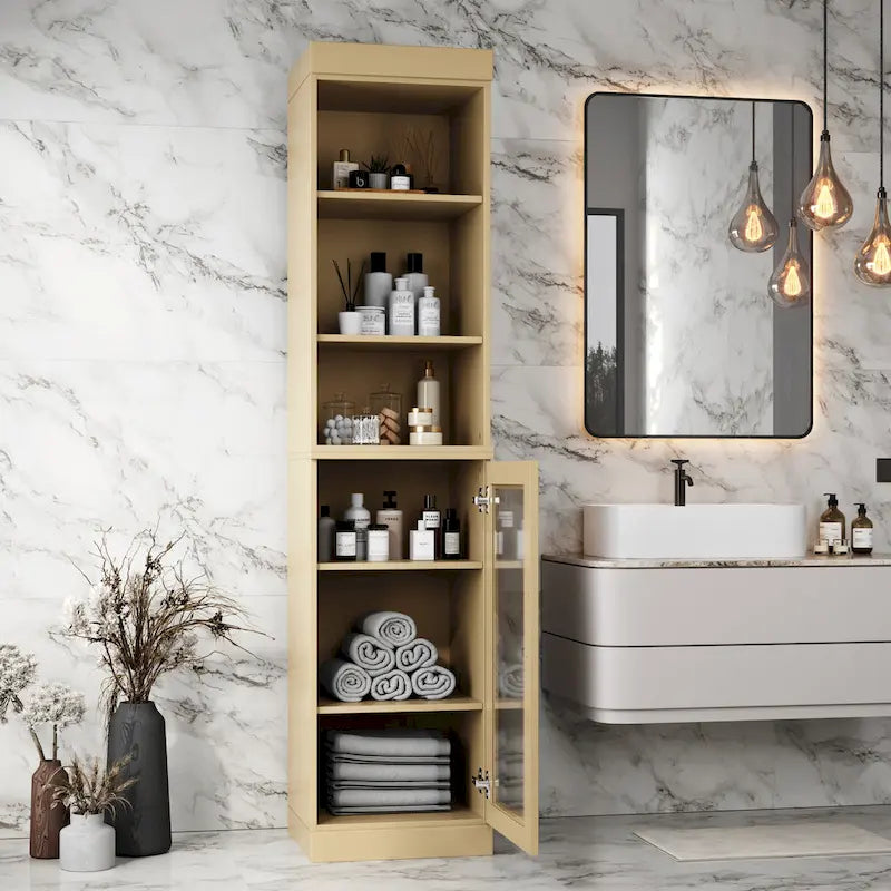 Palace Imports Meuble de rangement de salle de bain 100 % bois massif 16,5 po avec portes en verre transparent et étagères réglables