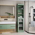 Palace Imports Meuble de rangement de salle de bain 100 % bois massif 16,5 po avec portes en verre transparent et étagères réglables