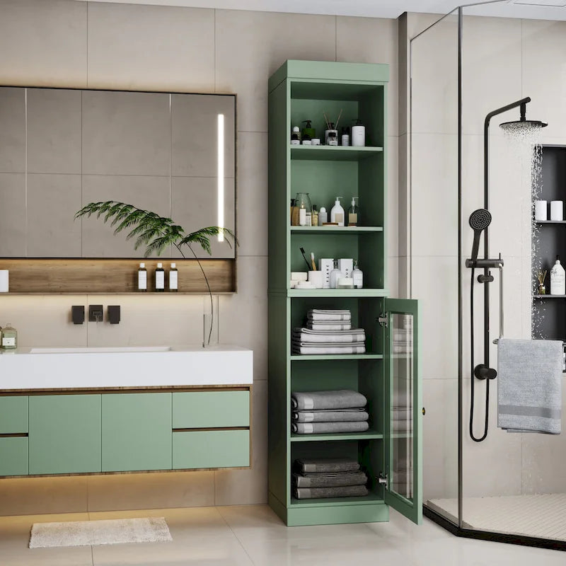 Palace Imports Meuble de rangement de salle de bain 100 % bois massif 16,5 po avec portes en verre transparent et étagères réglables