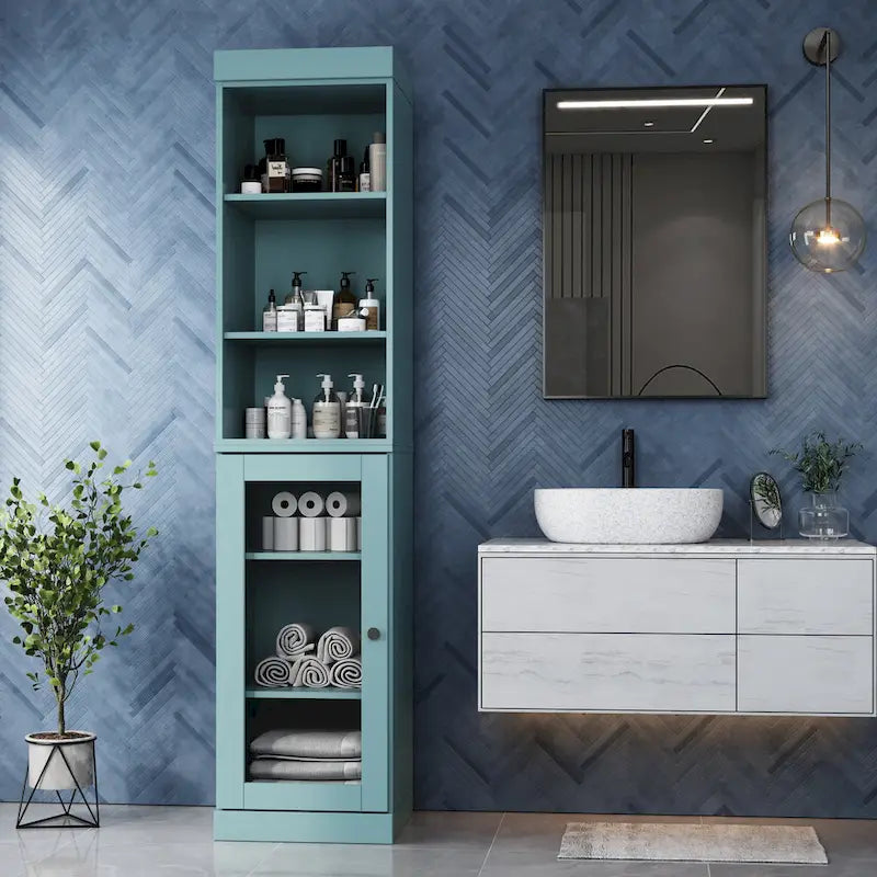 Palace Imports Meuble de rangement de salle de bain 100 % bois massif 16,5 po avec portes en verre transparent et étagères réglables