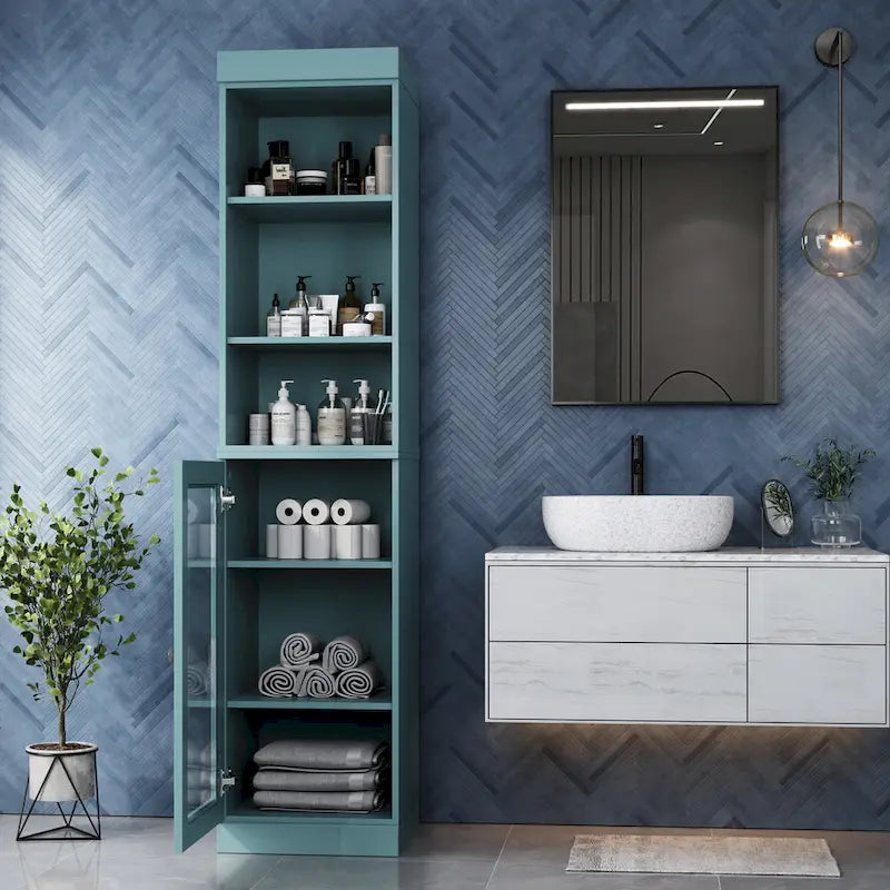 Palace Imports Meuble de rangement de salle de bain 100 % bois massif 16,5 po avec portes en verre transparent et étagères réglables