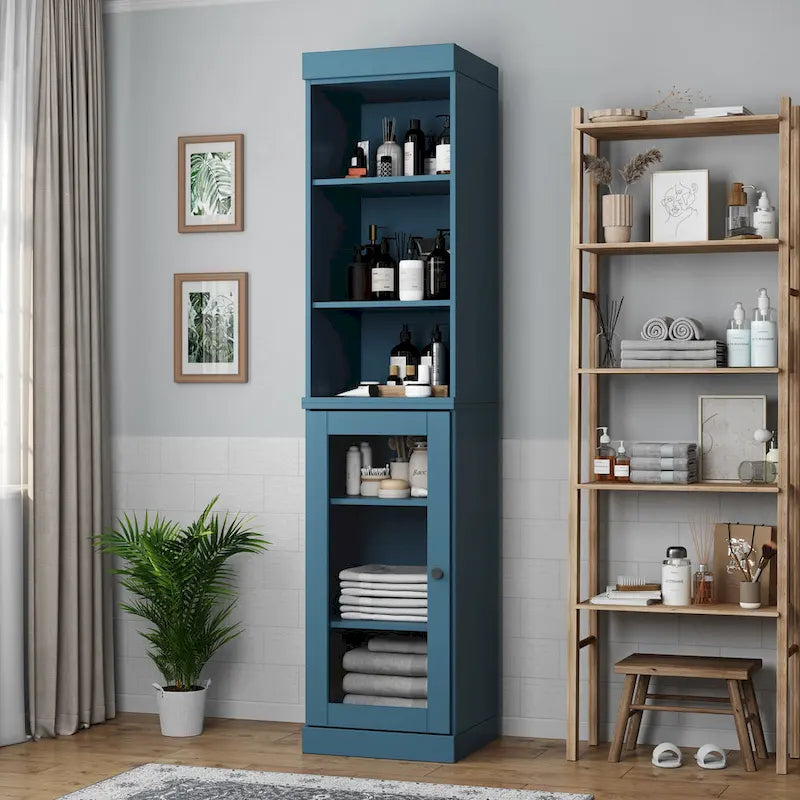Palace Imports Meuble de rangement de salle de bain 100 % bois massif 16,5 po avec portes en verre transparent et étagères réglables