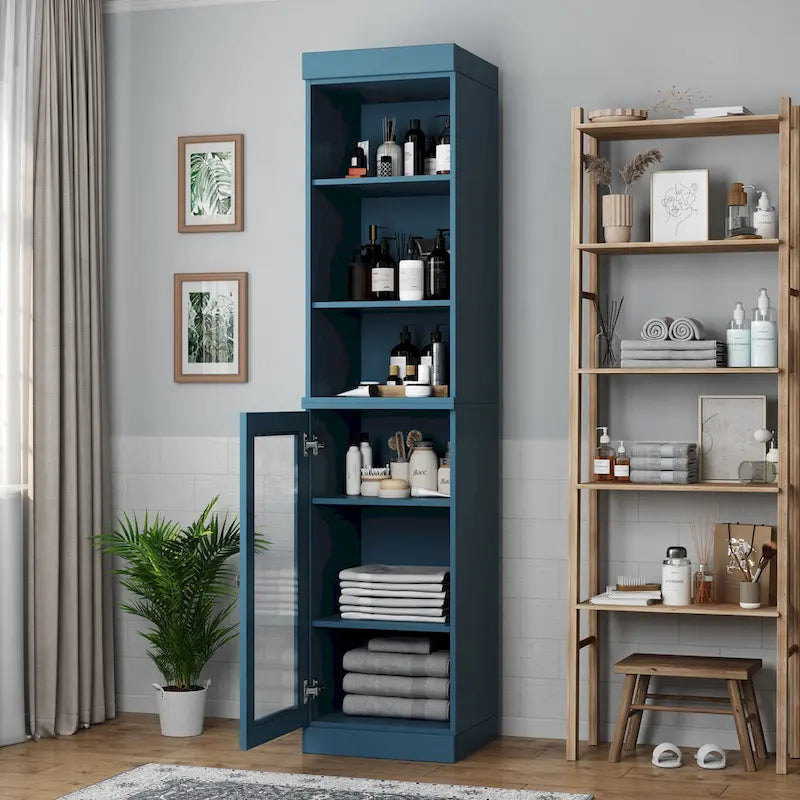 Palace Imports Meuble de rangement de salle de bain 100 % bois massif 16,5 po avec portes en verre transparent et étagères réglables