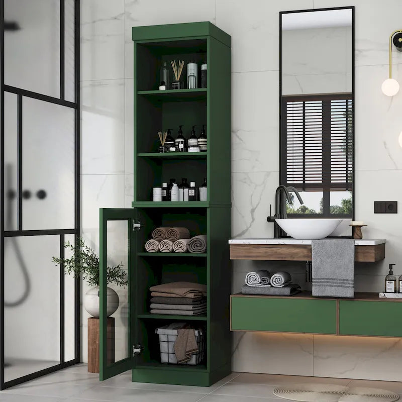 Palace Imports Meuble de rangement de salle de bain 100 % bois massif 16,5 po avec portes en verre transparent et étagères réglables