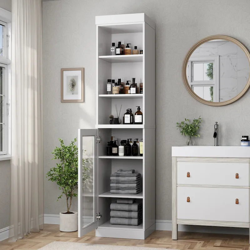 Palace Imports Meuble de rangement de salle de bain 100 % bois massif 16,5 po avec portes en verre transparent et étagères réglables