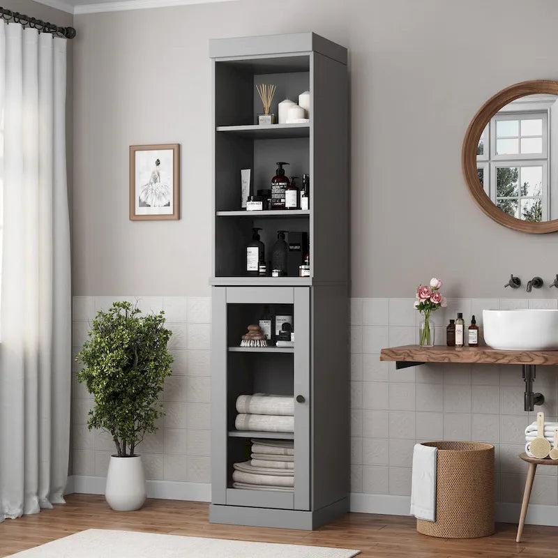 Palace Imports Meuble de rangement de salle de bain 100 % bois massif 16,5 po avec portes en verre transparent et étagères réglables