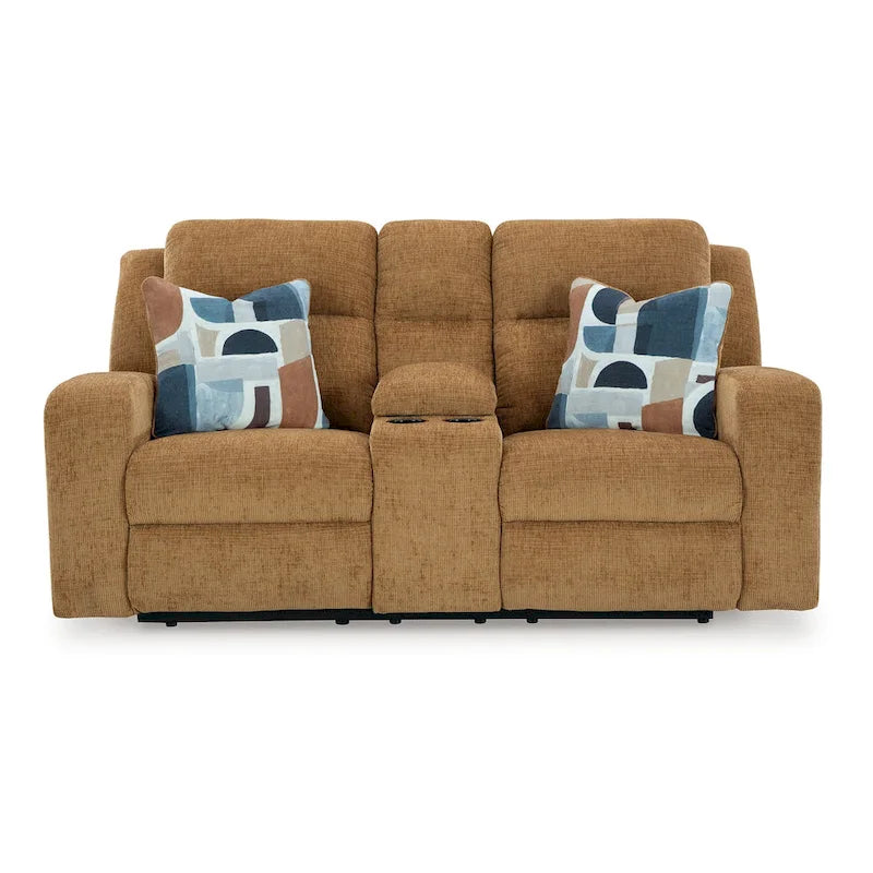 Causeuse double inclinable Damon, polyester marron clair, 2 coussins