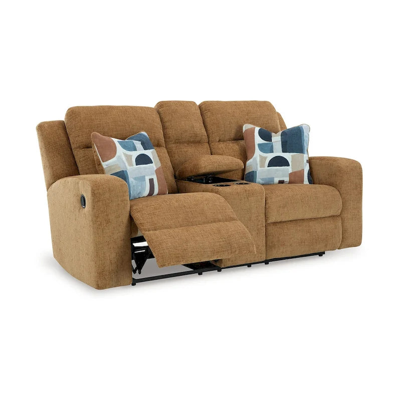 Causeuse double inclinable Damon, polyester marron clair, 2 coussins