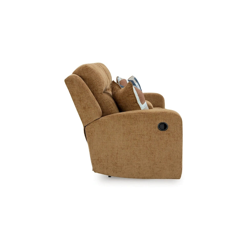 Causeuse double inclinable Damon, polyester marron clair, 2 coussins