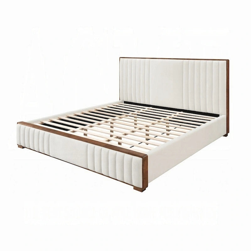 Grand lit, revêtement matelassé en chenille beige, brun noyer