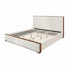 Grand lit, revêtement matelassé en chenille beige, brun noyer