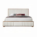 Grand lit, revêtement matelassé en chenille beige, brun noyer