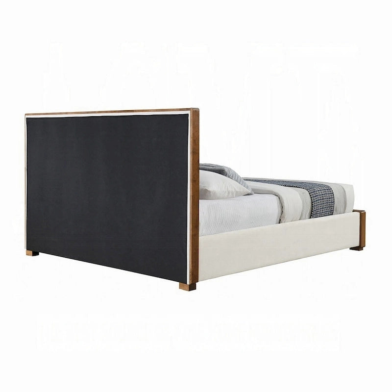 Grand lit, revêtement matelassé en chenille beige, brun noyer
