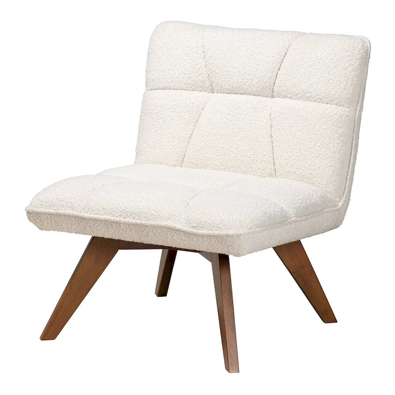 Fauteuil d'appoint en tissu bouclé crème Japandi | Structure en bois d'hévéa couleur noyer | Style minimaliste