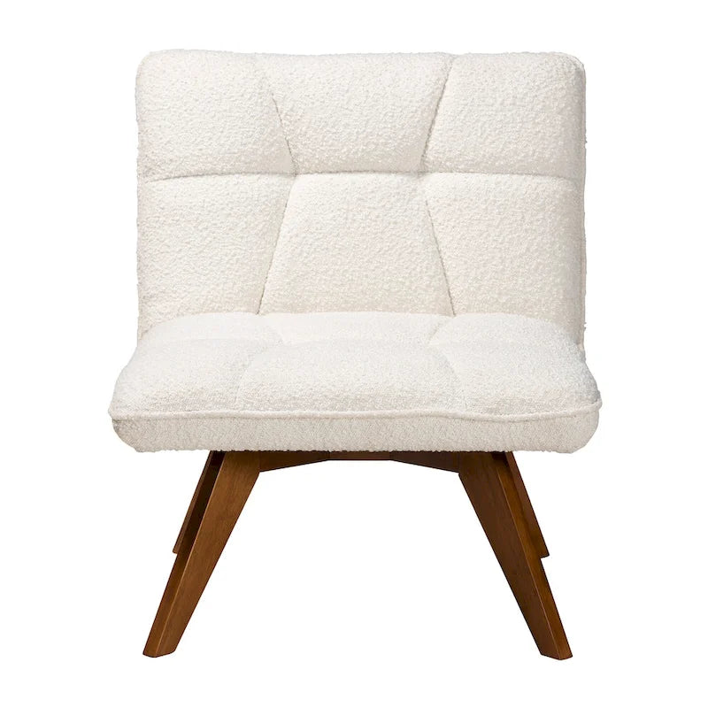 Fauteuil d'appoint en tissu bouclé crème Japandi | Structure en bois d'hévéa couleur noyer | Style minimaliste