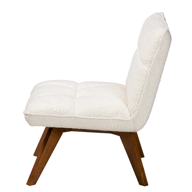Fauteuil d'appoint en tissu bouclé crème Japandi | Structure en bois d'hévéa couleur noyer | Style minimaliste