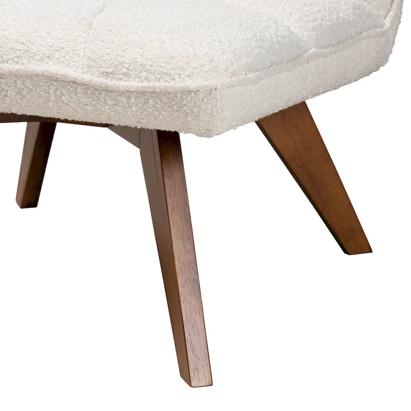 Fauteuil d'appoint en tissu bouclé crème Japandi | Structure en bois d'hévéa couleur noyer | Style minimaliste