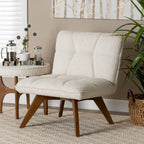 Fauteuil d'appoint en tissu bouclé crème Japandi | Structure en bois d'hévéa couleur noyer | Style minimaliste