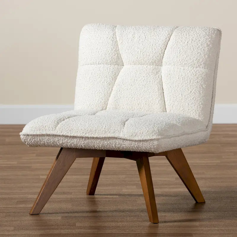 Fauteuil d'appoint en tissu bouclé crème Japandi | Structure en bois d'hévéa couleur noyer | Style minimaliste