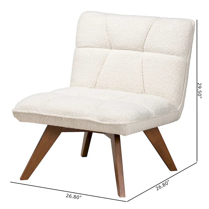 Fauteuil d'appoint en tissu bouclé crème Japandi | Structure en bois d'hévéa couleur noyer | Style minimaliste