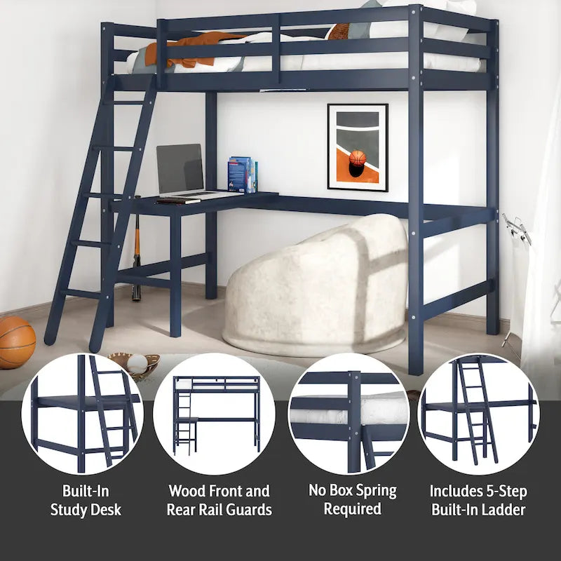 Lit mezzanine simple avec bureau | Cadre en bois massif | Lit mezzanine de bureau pour enfants et adolescents