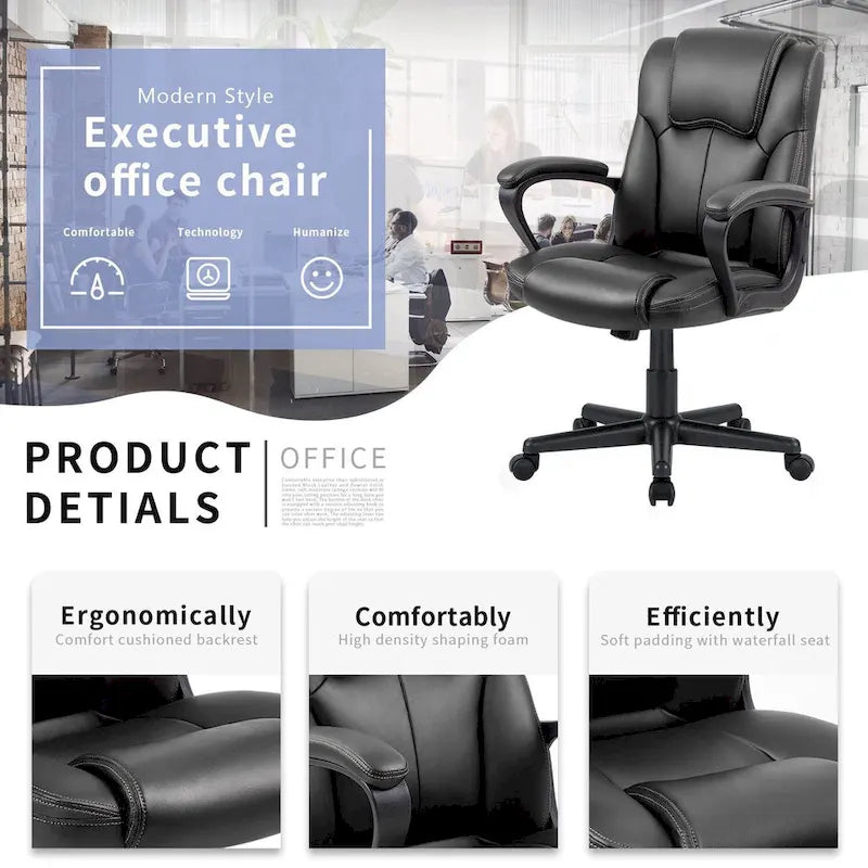 Chaise de bureau exécutive marron, chaise ergonomique épaissie en cuir PU de haute qualité, chaise de bureau et commerciale à dossier moyen.