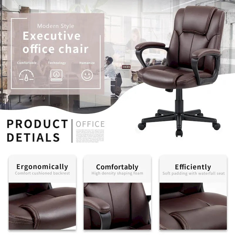 Chaise de bureau exécutive marron, chaise ergonomique épaissie en cuir PU de haute qualité, chaise de bureau et commerciale à dossier moyen.