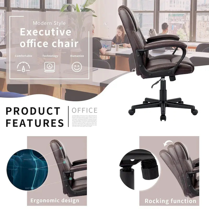 Chaise de bureau exécutive marron, chaise ergonomique épaissie en cuir PU de haute qualité, chaise de bureau et commerciale à dossier moyen.