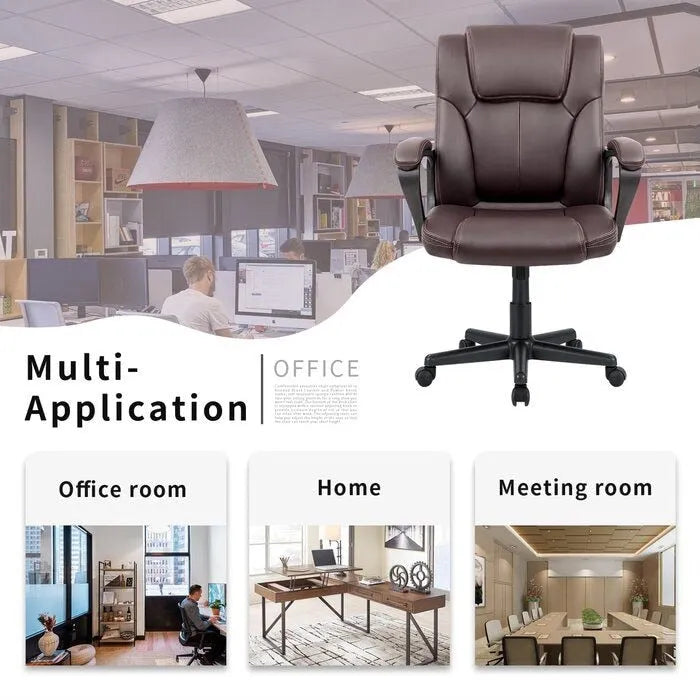 Chaise de bureau exécutive marron, chaise ergonomique épaissie en cuir PU de haute qualité, chaise de bureau et commerciale à dossier moyen.