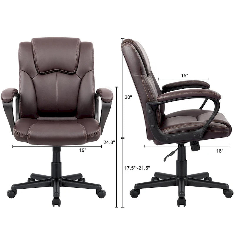 Chaise de bureau exécutive marron, chaise ergonomique épaissie en cuir PU de haute qualité, chaise de bureau et commerciale à dossier moyen.