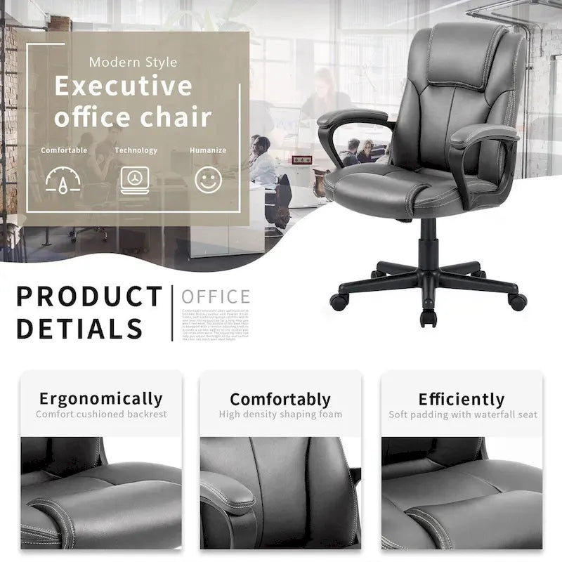 Chaise de bureau exécutive marron, chaise ergonomique épaissie en cuir PU de haute qualité, chaise de bureau et commerciale à dossier moyen.