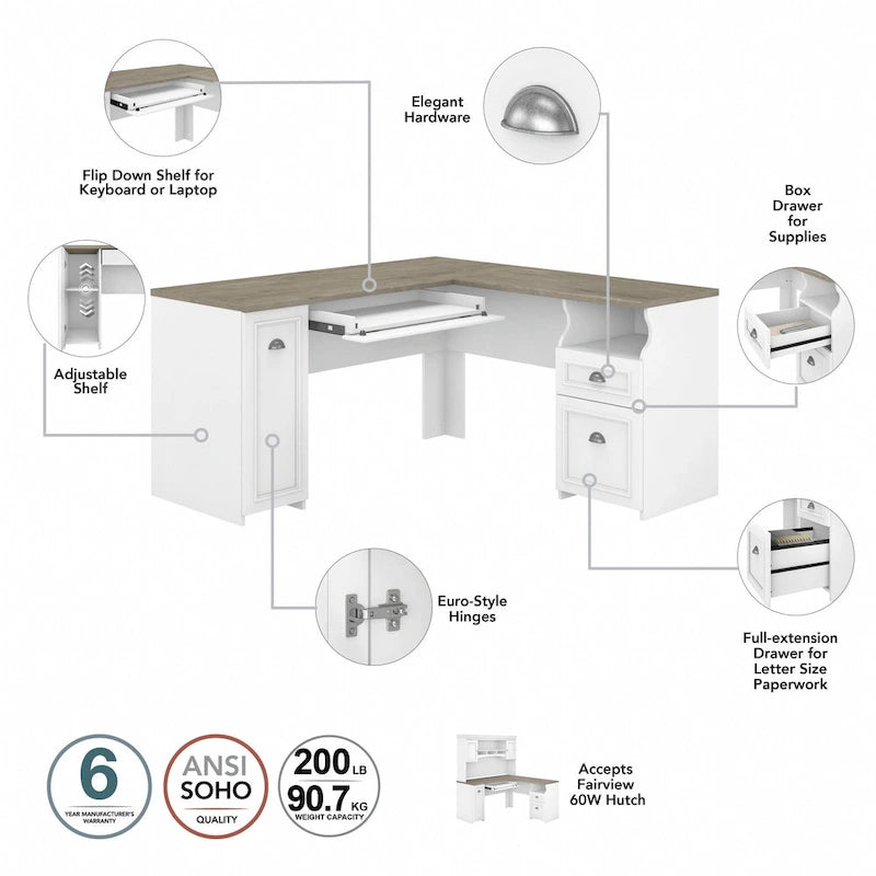 Bureau de 60 W avec huche et ensemble de rangement | Poste de travail pour bureau à domicile | Plusieurs finitions