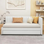 Lit de repos capitonné avec tiroir-lit, cadre de lit de jour double, sommier tapissier non nécessaire, tissu en lin (beige)