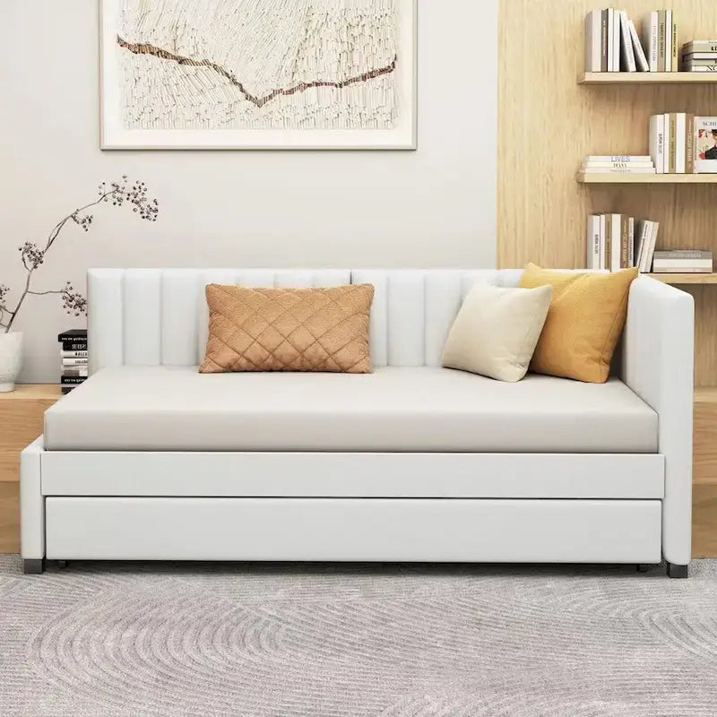 Lit de repos capitonné avec tiroir-lit, cadre de lit de jour double, sommier tapissier non nécessaire, tissu en lin (beige)